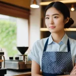 바리스타 이직 성공 사례 인터뷰 - **Prompt:** A young, thoughtful Japanese female barista in her late 20s, dressed in a neat, clean ba...
