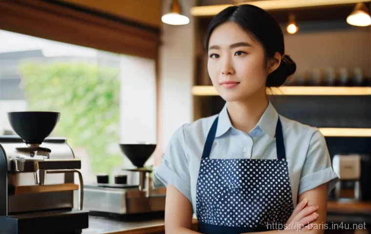 바리스타 이직 성공 사례 인터뷰 - **Prompt:** A young, thoughtful Japanese female barista in her late 20s, dressed in a neat, clean ba...