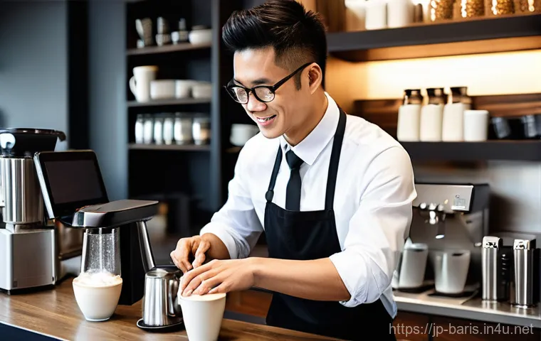 바리스타 이직 성공 사례 인터뷰 - **Prompt:** A young, thoughtful Japanese female barista in her late 20s, dressed in a neat, clean ba...