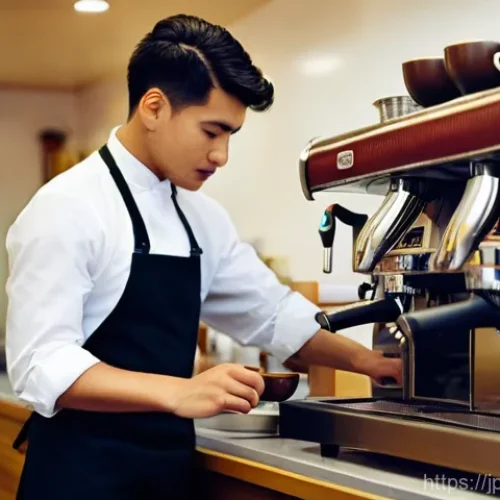 바리스타 업무 사례 공유 - **Prompt:** A highly skilled barista, wearing a clean, tasteful apron over a modern cafe uniform, st...