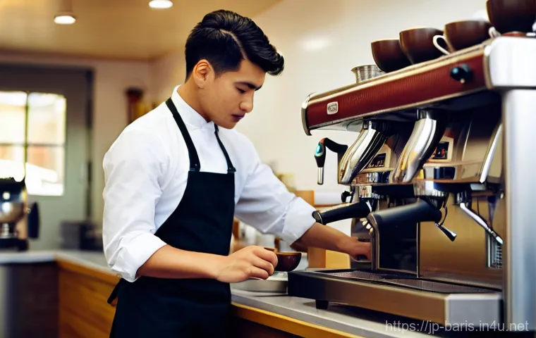 바리스타 업무 사례 공유 - **Prompt:** A highly skilled barista, wearing a clean, tasteful apron over a modern cafe uniform, st...