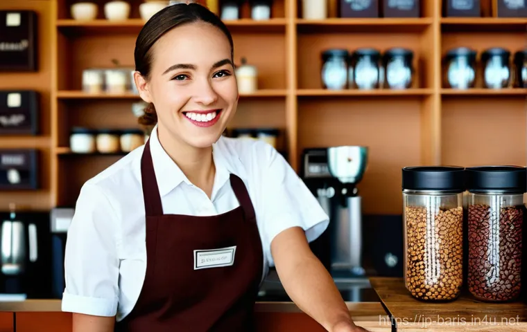 바리스타 업무 사례 공유 - **Prompt:** A highly skilled barista, wearing a clean, tasteful apron over a modern cafe uniform, st...