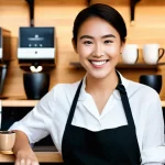 바리스타와 로스터의 차이 - **Prompt: "A close-up, cinematic shot of a skilled female barista, mid-20s, with a warm, welcoming s...