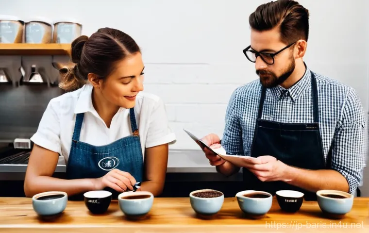 바리스타와 로스터의 차이 - **Prompt: "A male coffee roaster, 30s, with an intense and thoughtful expression, inspecting a handf...