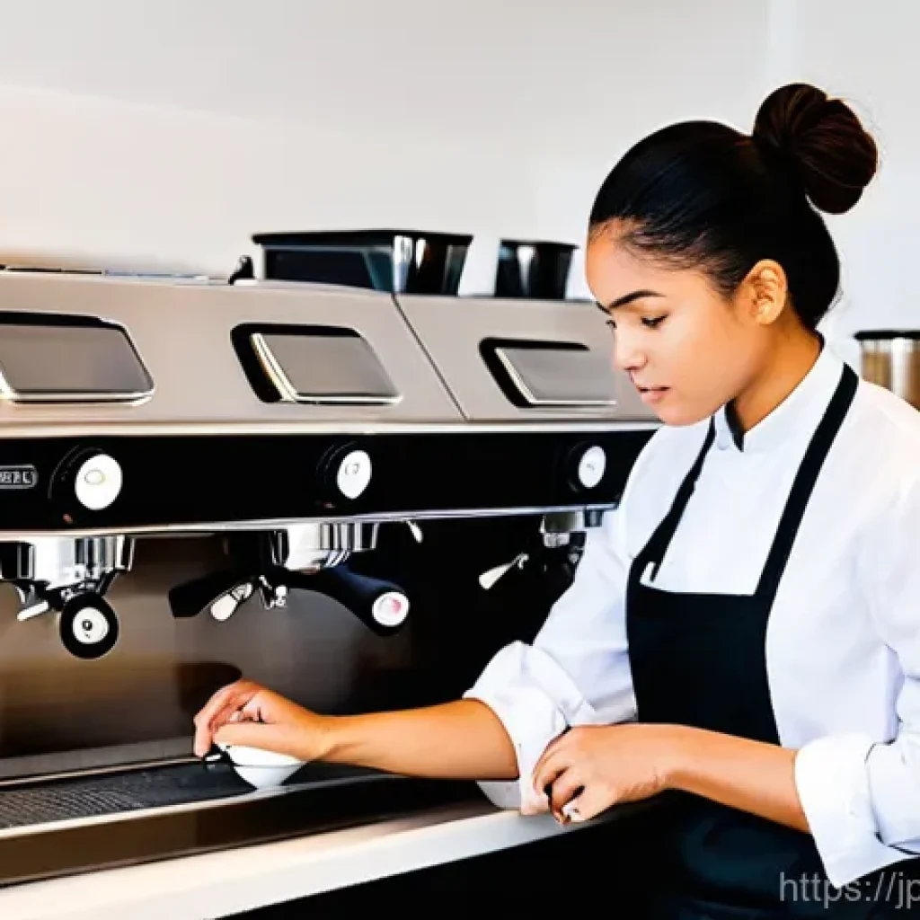 바리스타 자격증 시험장에서 주의할 점 - **Prompt:** A young female barista, dressed in a neat, professional uniform consisting of a dark apr...