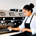 바리스타 자격증 시험장에서 주의할 점 - **Prompt:** A young female barista, dressed in a neat, professional uniform consisting of a dark apr...