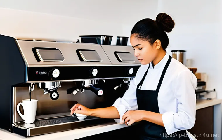바리스타 자격증 시험장에서 주의할 점 - **Prompt:** A young female barista, dressed in a neat, professional uniform consisting of a dark apr...