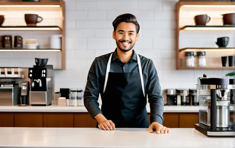 바리스타 자격증 시험장에서 주의할 점 - **Prompt:** A young male barista, dressed in a clean, modest short-sleeved shirt and dark trousers, ...
