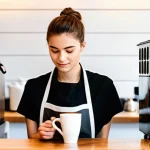 바리스타 자격증과 글로벌 커피 산업 - **Prompt:** A focused young female barista, mid-20s, with neat short hair, wearing a clean dark apro...