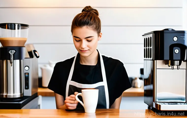 바리스타 자격증과 글로벌 커피 산업 - **Prompt:** A focused young female barista, mid-20s, with neat short hair, wearing a clean dark apro...