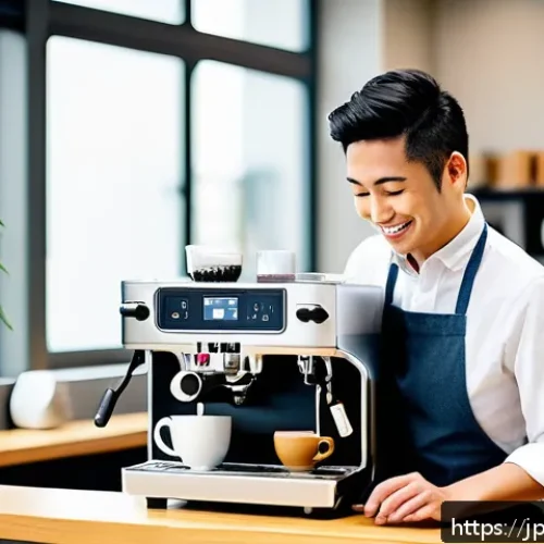 바리스타 자격증이 필요한 직업군 - A modern Japanese office scene featuring a skilled barista staff member preparing coffee behind a sl...