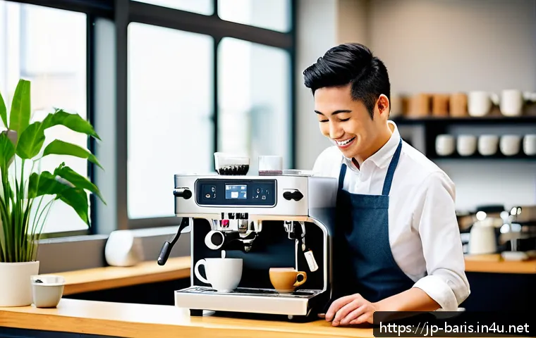 바리스타 자격증이 필요한 직업군 - A modern Japanese office scene featuring a skilled barista staff member preparing coffee behind a sl...