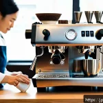 바리스타 실기 시험 필수 장비 - A professional barista preparing espresso in a modern cafe setting, focusing on a sleek La Marzocco ...
