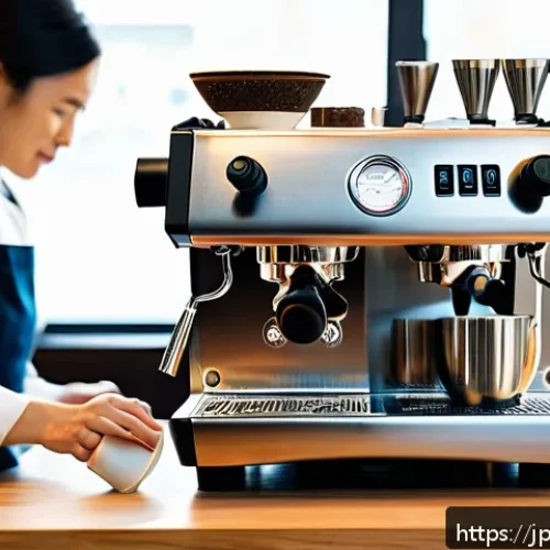 바리스타 실기 시험 필수 장비 - A professional barista preparing espresso in a modern cafe setting, focusing on a sleek La Marzocco ...