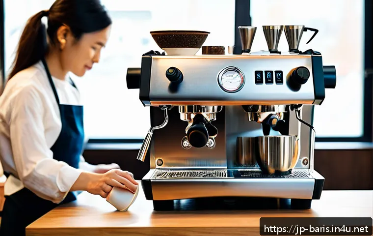 바리스타 실기 시험 필수 장비 - A professional barista preparing espresso in a modern cafe setting, focusing on a sleek La Marzocco ...