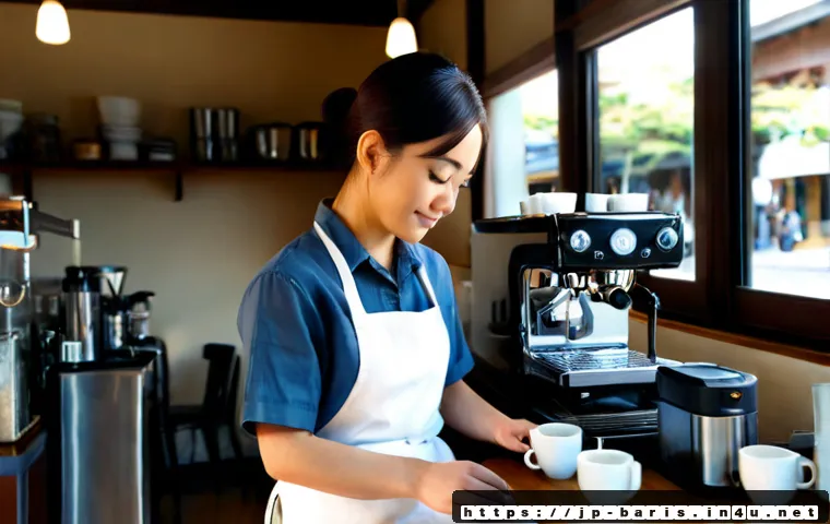 바리스타 일과 삶의 균형 - Photorealistic lifestyle scene of a young Japanese barista finishing a calm morning shift in a brigh...