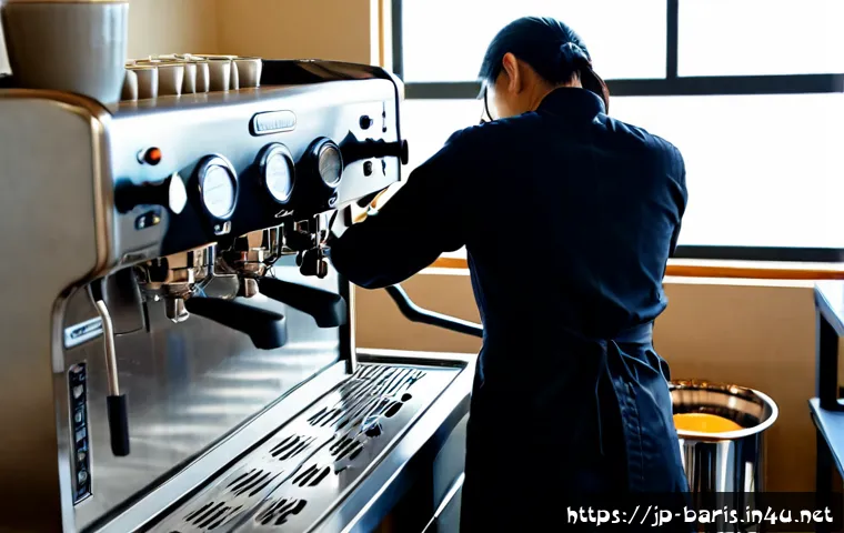 바리스타 자격증 국제 인증 종류 - Photorealistic professional coffee training classroom in Japan, a focused adult barista trainee wear...